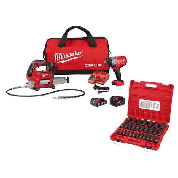 Milwaukee M18 FUEL 18V Lithium-Ion Brushless Cordless High Torque 1/2 in. Impact Wrench & Grease Gun Combo Kit & Socket Set