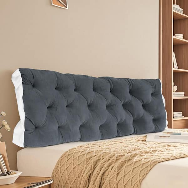 Wellco 39.37 in. L Dark Gray Headboard Pillow Tie-on Velvet Back Support Cushion for Bed Rest and Sofa Cushion