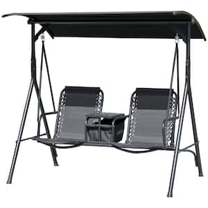 2-Person Black Metal Patio Swing with Gray Bungie Seat Suspension, Pivot Storage Table, Cup Holder, Adjustable Shade