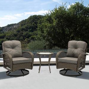 Brown 3-Piece Wicker Outdoor Patio Conversation Seating Set with Grey Cushions