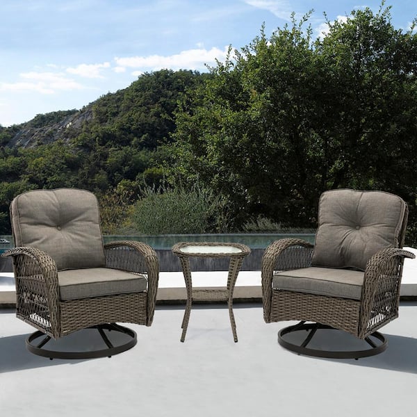 Wateday Brown 3-Piece Wicker Outdoor Patio Conversation Seating Set with Grey Cushions