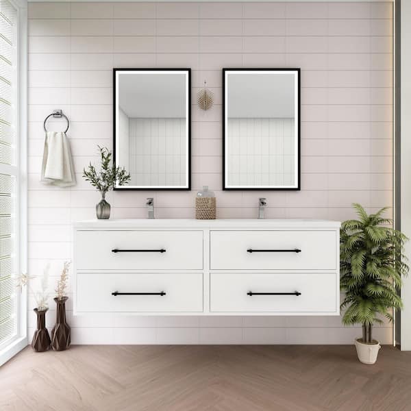 Victoria 59 in. W x 20 in. D x 22 in. H Double Sink Floating Double Bath Vanity in Gloss White with White Acrylic Top