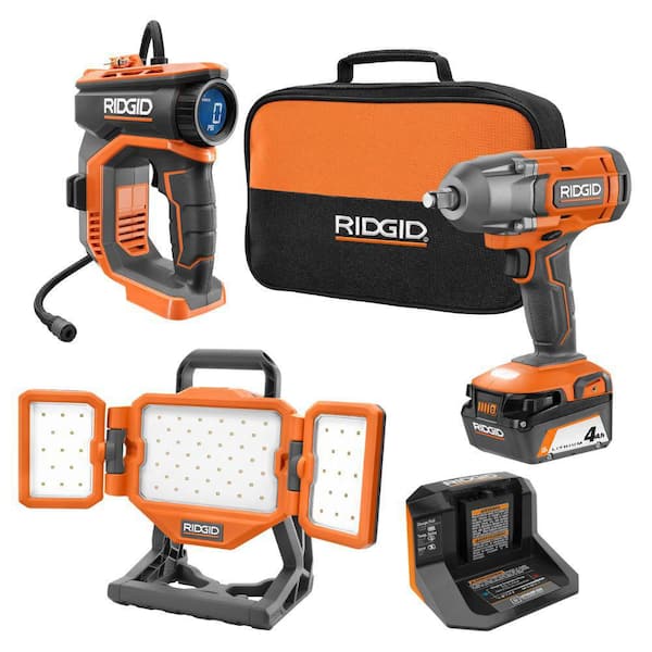 RIDGID - 18V Cordless 3-Tool Combo Kit with Inflator, Impact Wrench, Hybrid Panel Light, 4.0 Ah Battery, and Charger
