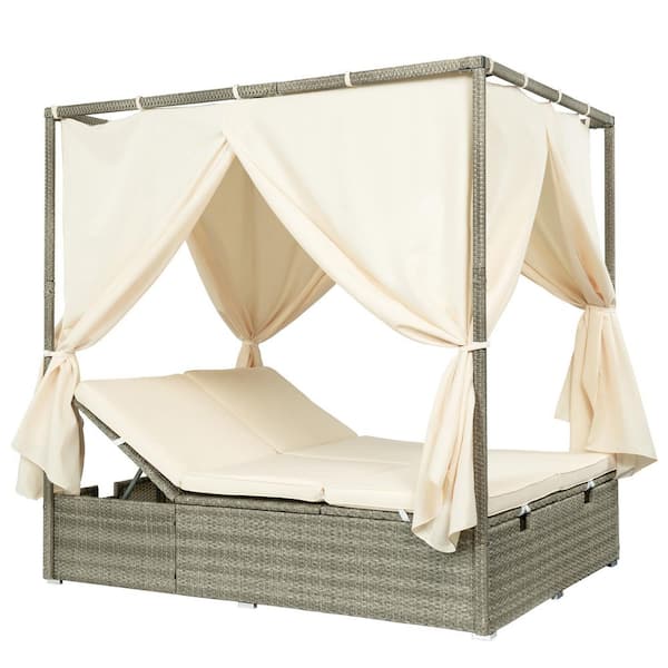 Wicker Outdoor Day Bed with Beige Cushions, Rattan Patio Sun Bed with Curtain for Garden, Poolside and Backyard