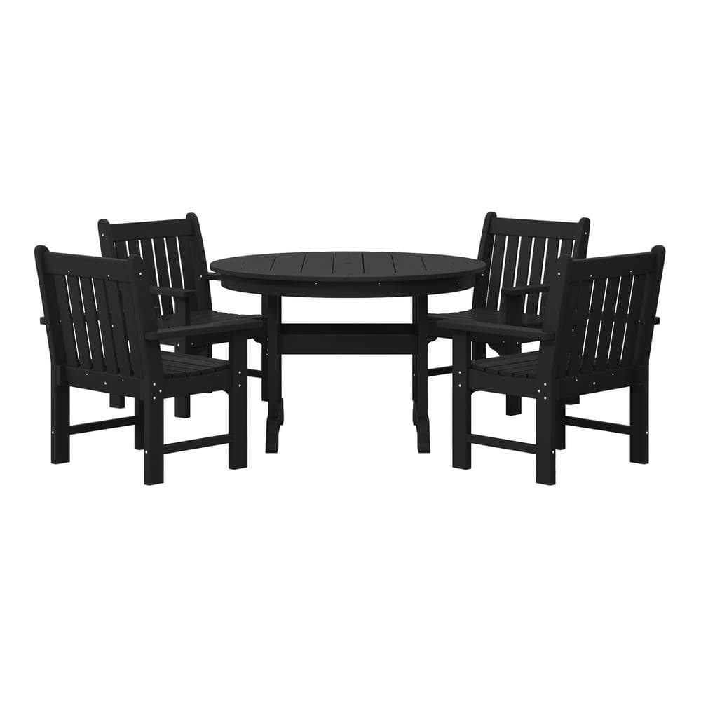 Laguna 5-Piece Outdoor Patio Poly Plastic Fade Resistant Garden Arm Chair and Round Trestle Table Dining Set in Black price history on PriceWatchPro