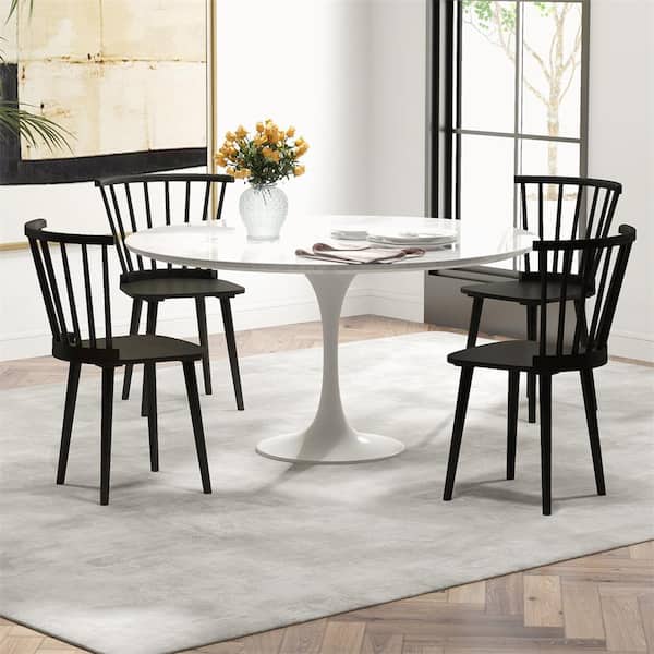 Black Rubber Wood Windsor Dining Chairs with Spindle Back for Living Room Set of 2