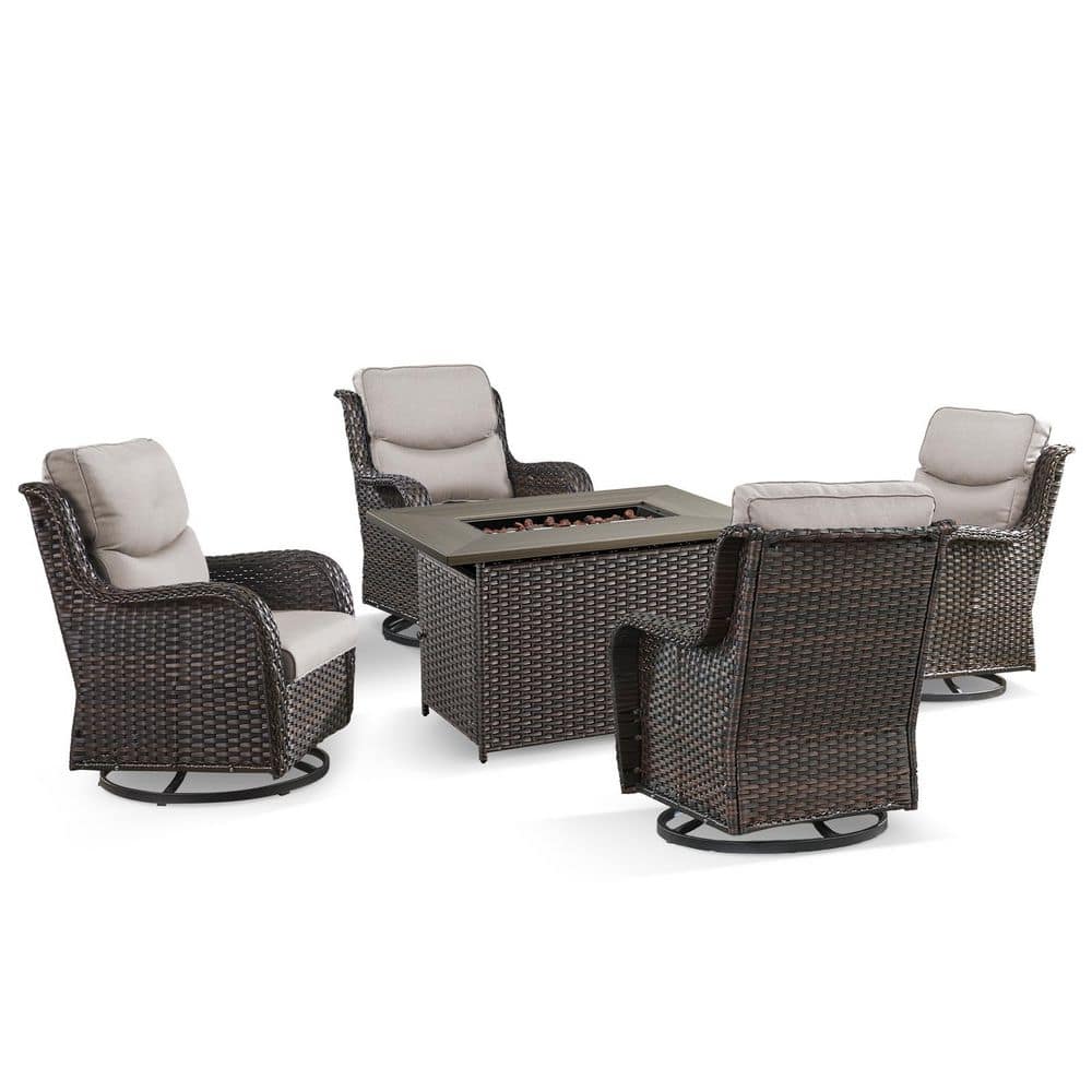 Quanxer Brown 5-Piece Wicker Patio Rectangle Fire Pit Conversation Set with Beige Cushions and Swivel Chairs price history on PriceWatchPro