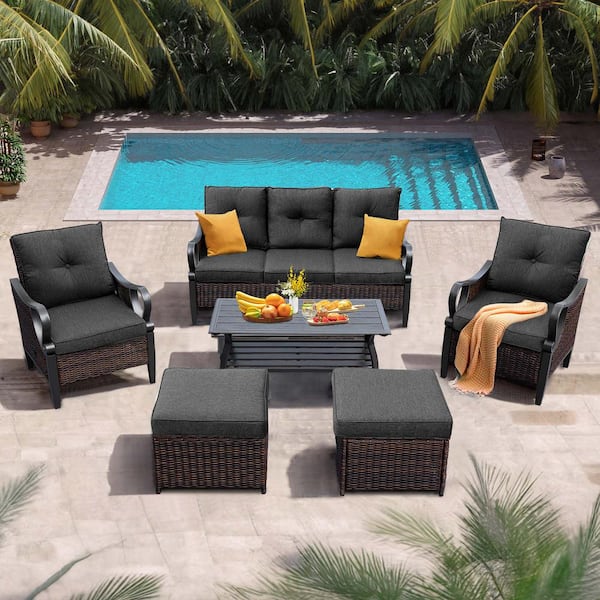 Tenleaf 6-Piece Brown Wicker Patio Conversation Set with Black Cushions, Reclining Backrest, Ottomans