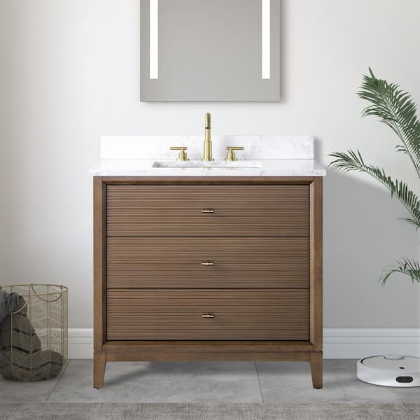 36 in. W x 34 in. H Single Sink Walnut Bath Vanity Cabinet with Arabescato White Engineered Marble Top