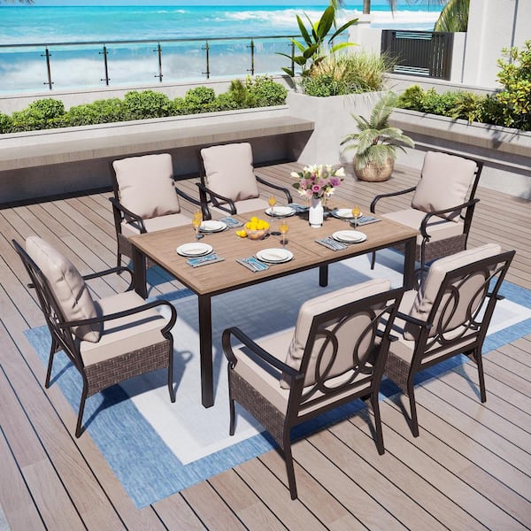 PHI VILLA 7-Piece Metal Patio Outdoor Dining Set with Rectangle Wood-Look Table and Chairs with Beige Cushions