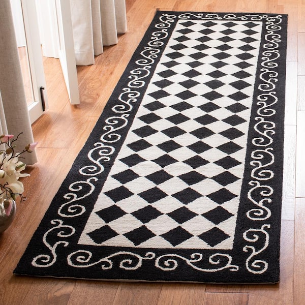 Chelsea Black/Ivory 3 ft. x 8 ft. Floral Plaid Border Runner Rug