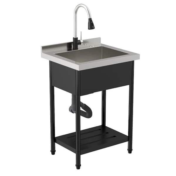 24 in. Freestanding Single Bowl 304 Stainless Steel Utility Sink with Faucet and Storage Shelves