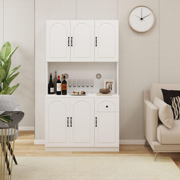 Kitchen Storage Cabinet with Microwave Oven Countertop, Freestanding Hutch Cabinet with Adjustable Shelves in White
