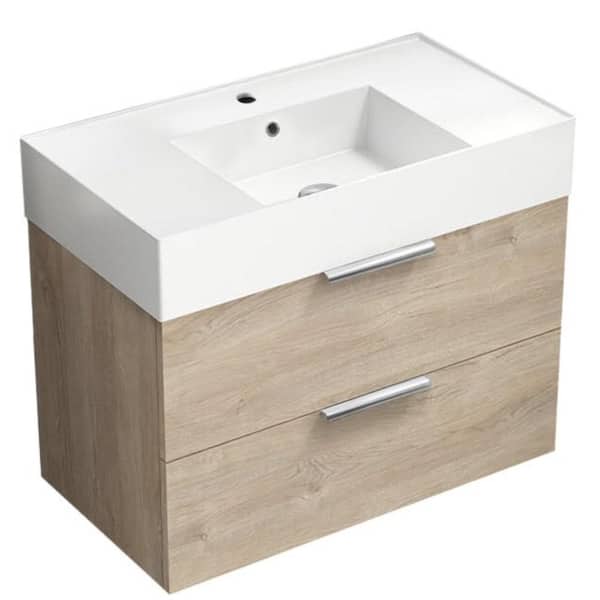 Nameeks Derin 31.89 in. W x 17.32 in. D x 25.2 H Single Sink Wall Mounted Bathroom Vanity in Brown oak with White Ceramic Top