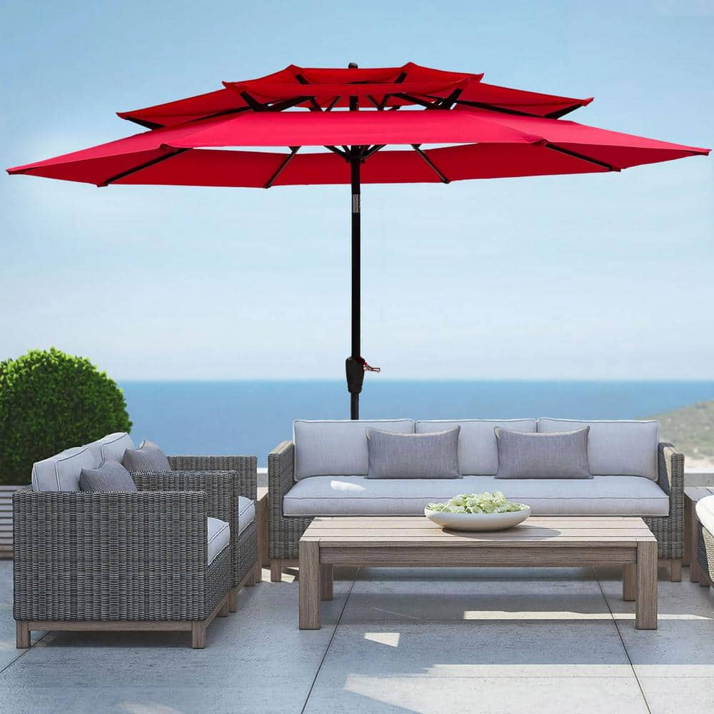 Tunearary 9 ft. 3-Tiers Patio Umbrella in Red with Crank and Tilt Push ...