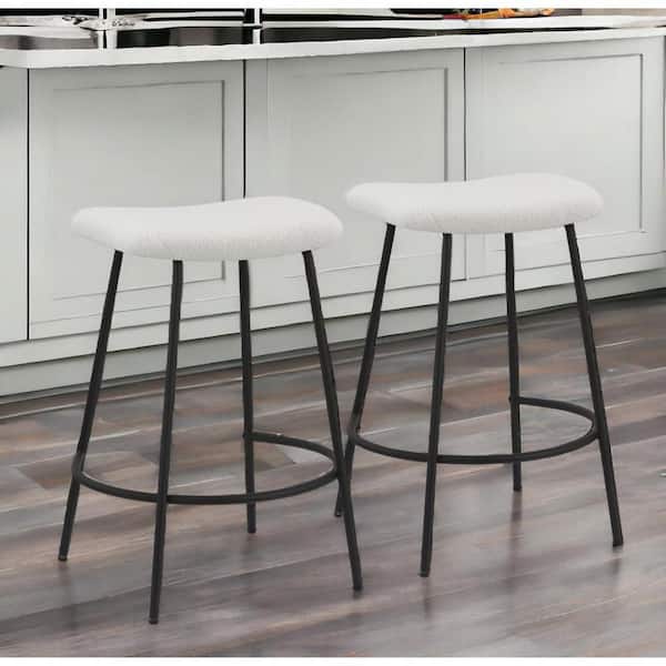 26 in. White Backless Metal Counter Height Bar Chair with Fabric Seat Set of 2