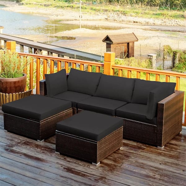 5-Piece Wicker Patio Conversation Set with Black Cushions