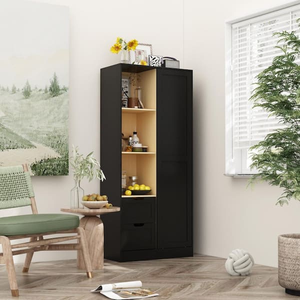 FUFU&GAGA Black and Wood Grain 70.9 in. Height Wooden Bar Wine Cabinet, Sideboard w/ 2-Drawers, 5-Shelves and A Sliding Rail Door