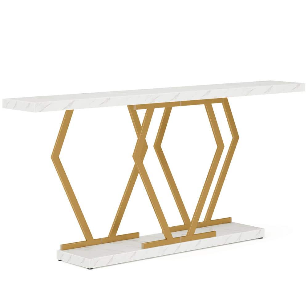 White Faux Marble and Gold Metal Console Table with Storage