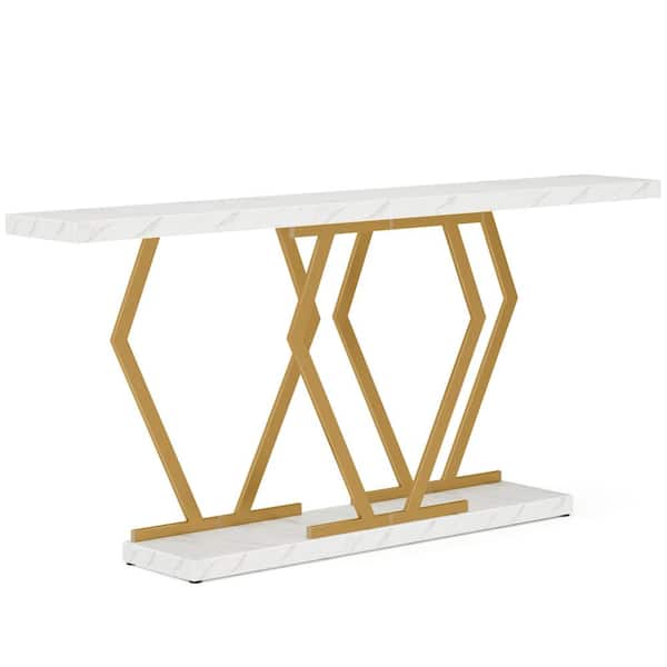 BYBLIGHT Turrella 70.9 in. Faux Marble White Gold Rectangle Wood Sofa Console Table with Metal Frame