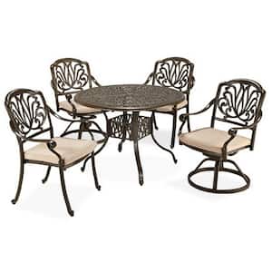 Capri Taupe Tan Brown 42 in. 5-Piece Cast Aluminum Round Outdoor Dining Set with Natural Tan Cushions