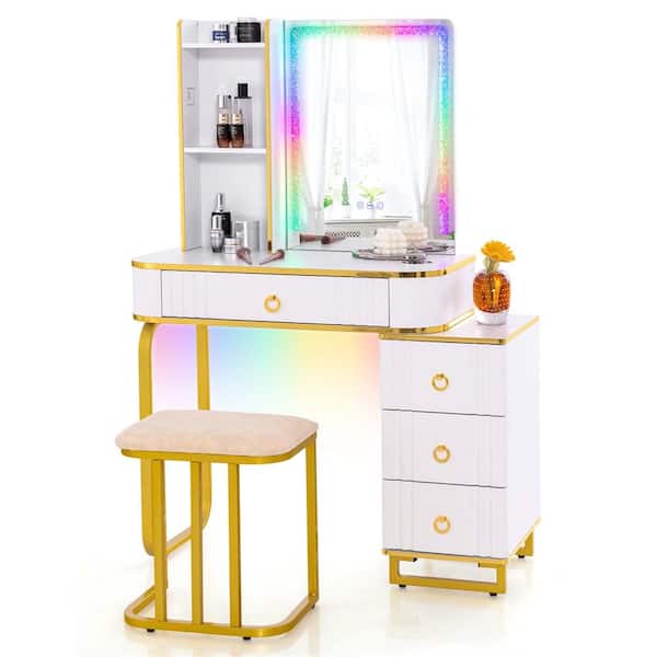 Costway 2-Piece White Makeup Vanity Set with RGB LED Lights Crystal Crush Diamond Mirror Drawers