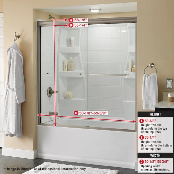 Simplicity 60 in. x 58-1/8 in. Semi-Frameless Traditional Sliding Bathtub Door in Nickel with Tranquility Glass