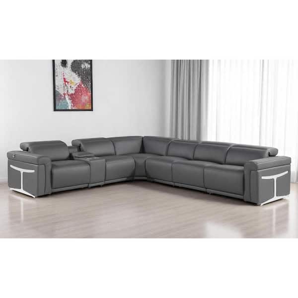 138.00 in. Flared Arm 7 piece Leather L-Shaped Sectional Sofa in White