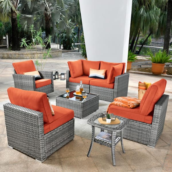 weaxty W Daffodil M Gray 7-Piece Wicker Patio Outdoor Conversation Sofa Set with a Swivel Rocking Chairs and Orange Red Cushions