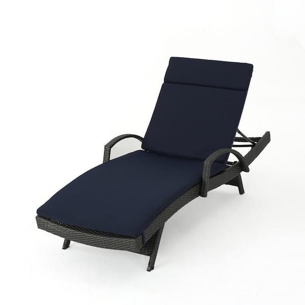 Miller Grey Faux Rattan Outdoor Patio Chaise Lounge with Navy Blue Cushion and Armrest