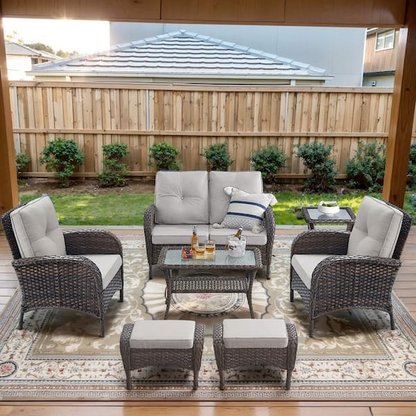 Opohoro Brown 7-Piece Wicker Patio Conversation Set with Armchairs, Outdoor Loveseat Seating Set with Beige Cushions