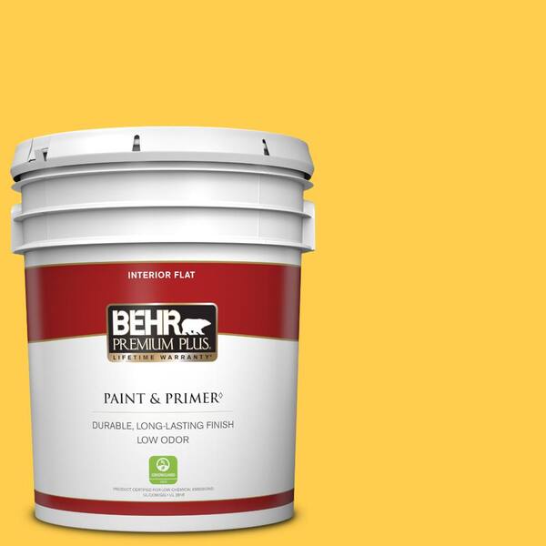 BEHR PREMIUM PLUS 5 gal. #340B-6 Pineapple Soda Flat Low Odor Interior Paint & Primer