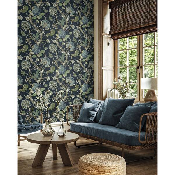 30.75 sq. ft. Midnight Blue & Greenery Jacobean Trail Premium Matte Non-Woven Paper Peel and Stick Wallpaper Roll