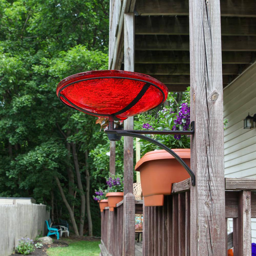 Red Crackle Glass Birdbath with Black Wrought Iron Wall Mount