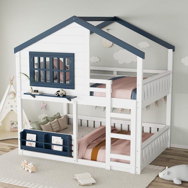 Beverly White Wood Frame Full Size Bunk Bed with Bookshelf, White & Blue