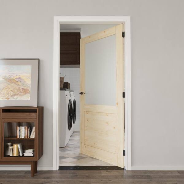 36 in. x 80 in. 1/2-Lite Frosted Glass Left Handed Unfinished Pine Single Door with Quick Assemble Jamb Kit