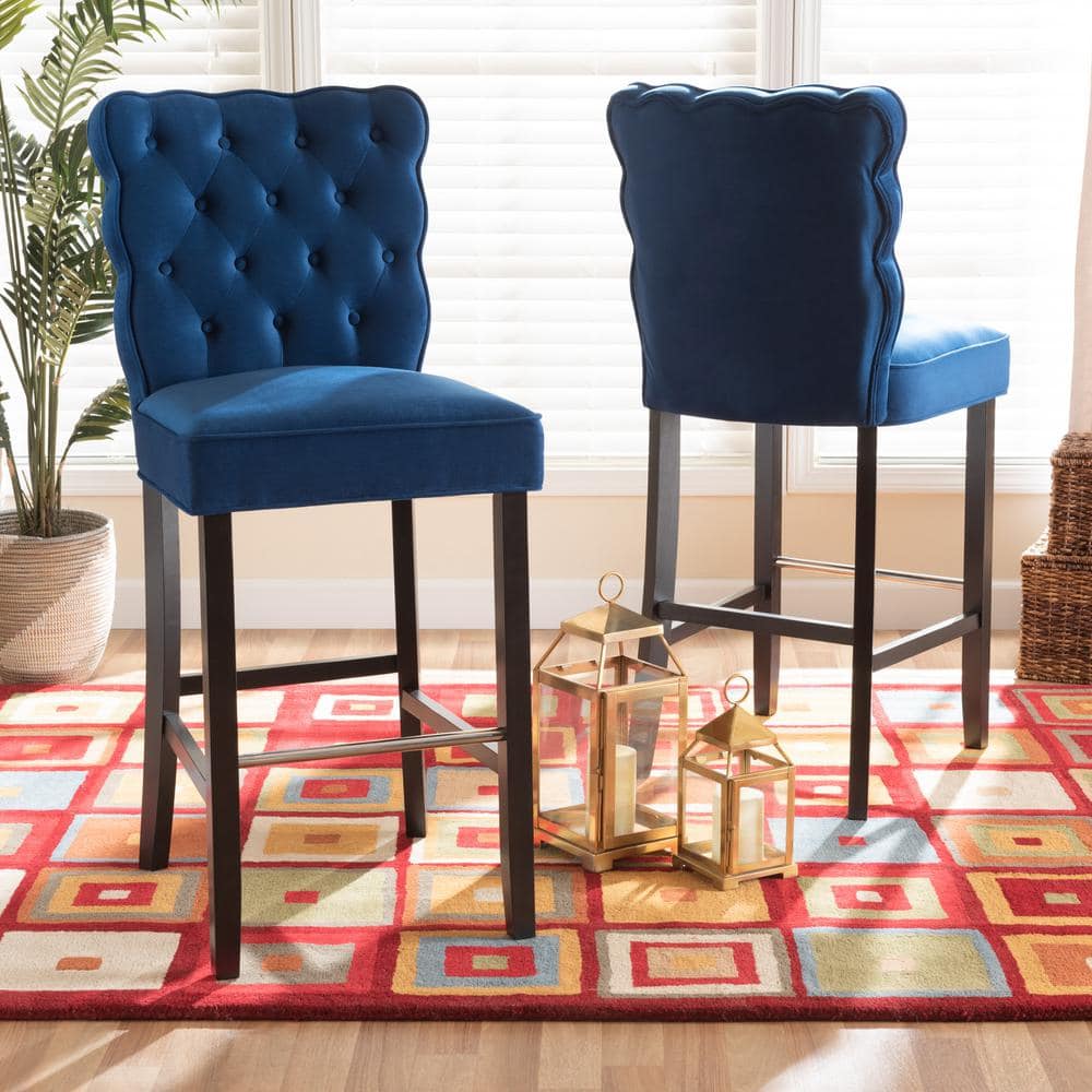 Elegant Navy Blue Velvet & Dark Wood Adjustable Barstool Set