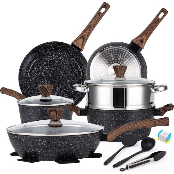 Cookware Set Aluminum 14-Piece Black Ceramic Nonstick Pots Pans Set Induction Compatible Steamer