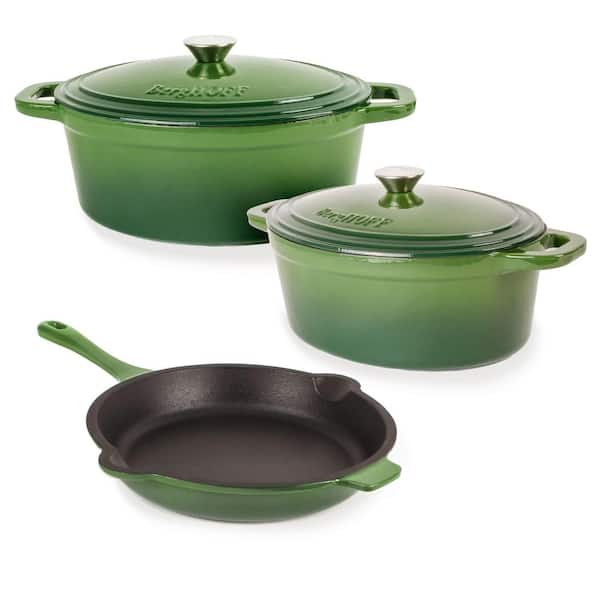 BergHOFF Neo 5-Piece Cast Iron Oval Dutch Oven Set with 10 in. Fry Pan, 5 qt. and 8 qt., Green