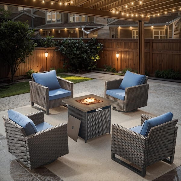 Opohoro U-Weave 5-Piece Brown Wicker Outdoor Square Fire Pit Conversation Set with Navy Blue Cushions and Swivel Rocking Chairs