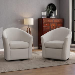 Beige Linen Upholstered 360° Swivel Barrel Accent Armchair with Metal Base(Set of 2)