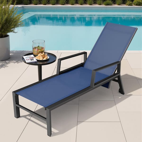 Pellebant 1-Piece Metal Aluminum Outdoor Chaise Lounge Chair in Navy Blue with Adjustable Backrest, Arms and Wheels