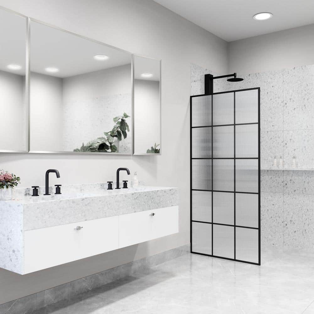 Mosaic Matte Black 34" x 74" Fluted Glass Shower Screen