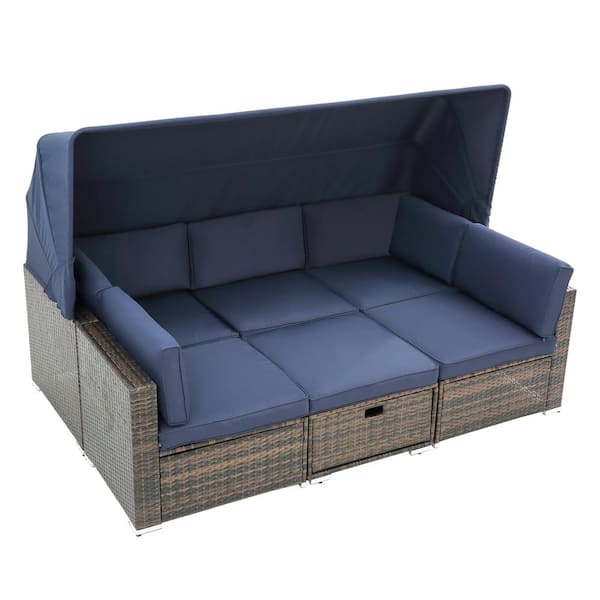 maocao hoom Black Wicker Outdoor Chaise Lounge with Blue Cushions
