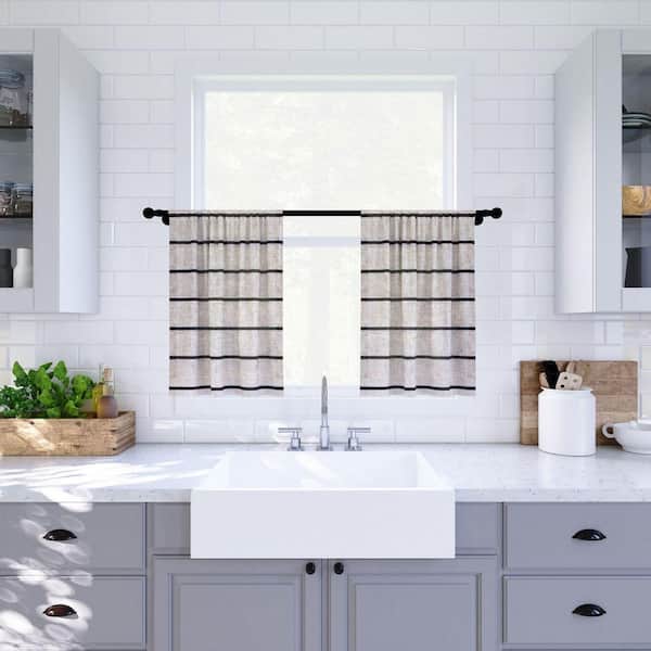 CLEAN WINDOW Aso Twill Stripe Linen Blend 52 in. W x 24 in. L Sheer Rod Pocket Kitchen Curtain Tier Pair in Black/Linen