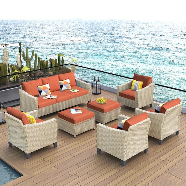 HOOOWOOO Oconee Beige 7-Piece Beautiful Outdoor Patio Conversation Sofa Seating Set with Orange Red Cushions