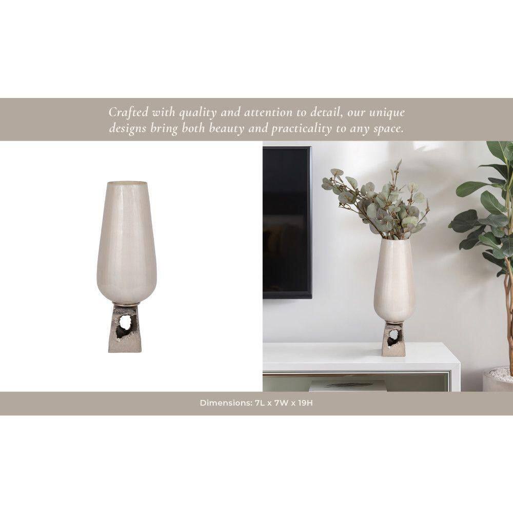 Pearl White Glass Vase with Metal Base, 19" Tall