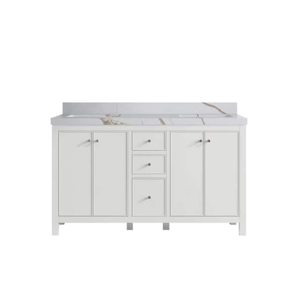 Willow Collections Chicago 60 in. Double Sink Freestanding White Bath Vanity with Calacatta Gold Qt. Top Unassembled