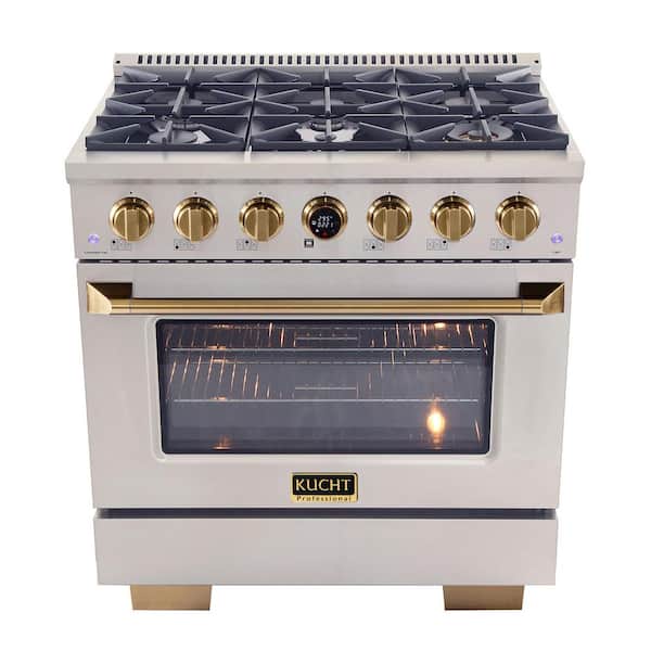 Kucht 36 in. 5.2 cu.ft. 6-Burners Dual Fuel Range Natural Gas in Stainless Steel with Gold Accents and Digital Dial Thermostat