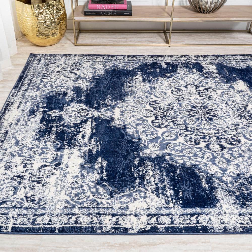 Navy and Ivory Synthetic Medallion 4' x 6' Area Rug